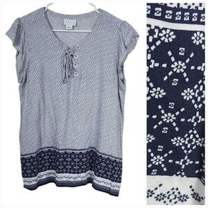 Liz Claiborne Blue Flutter Sleeve Border Print Lace Up Blouse Medium Tunic Top